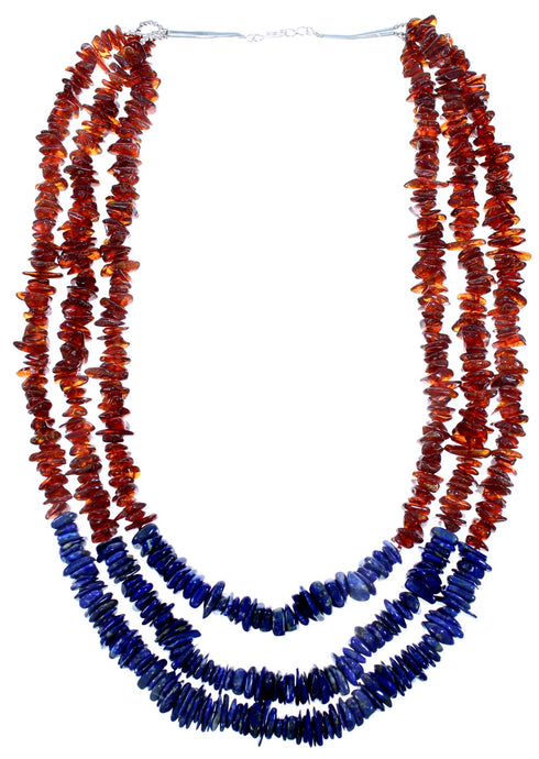 Sterling Silver 3-Strand Amber And Lapis Bead Necklace SX114681